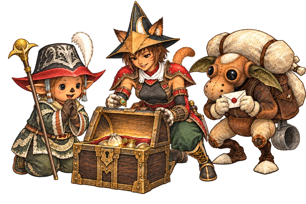 The adventurers gather around a treasure coffer.