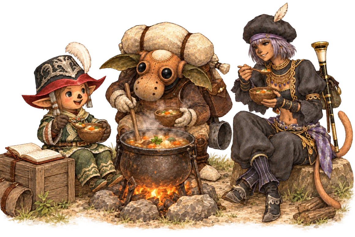 The party shares a meal at the end of the adventure.