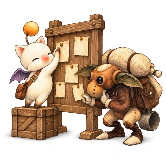 A moogle and goblin tend the community noticeboard.